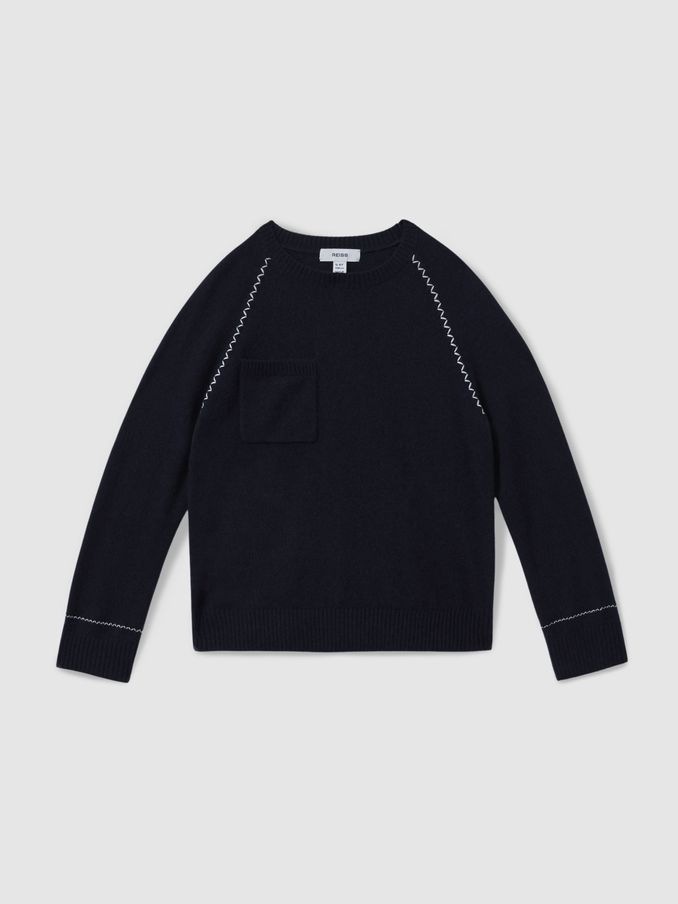 13-14 yrs Contrast Stitch Wool Blend Crew Neck Jumper in Navy (E27171) | US$46