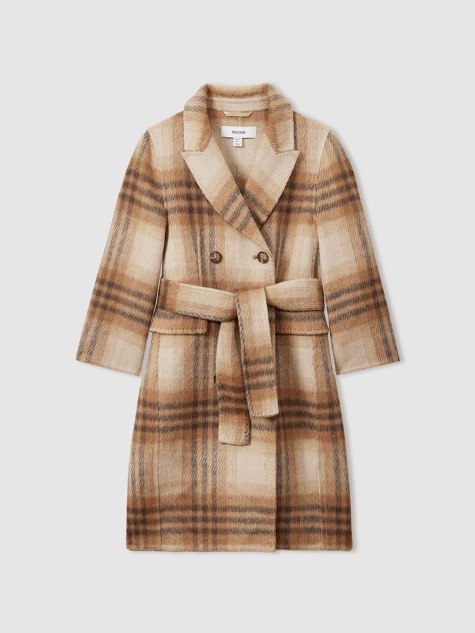 13-14 yrs Checked Wool Blend Blindseam Coat in Brown (E27175) | US$89