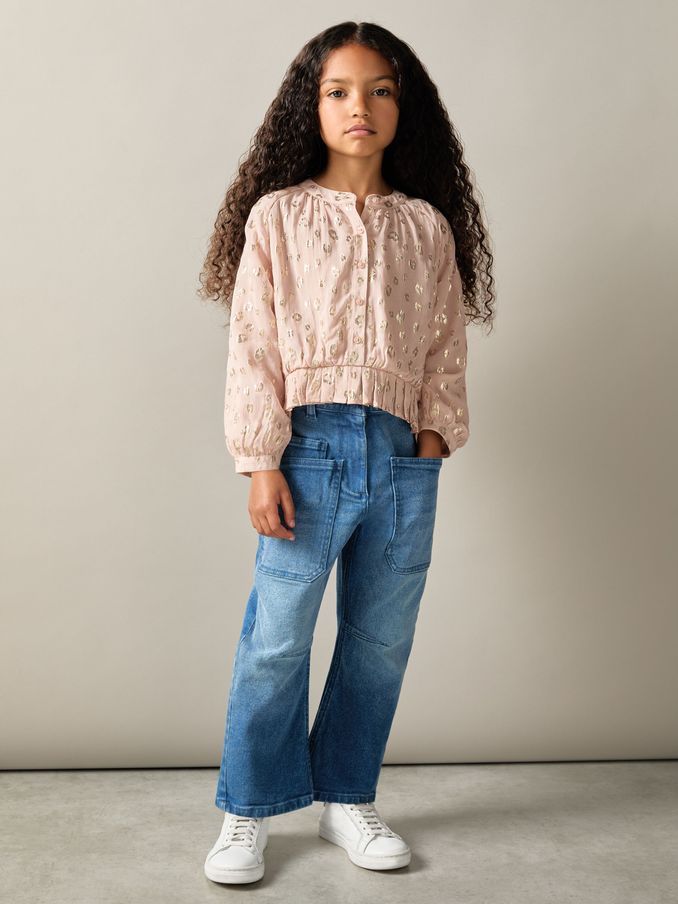 9-13 yrs Metallic Print Puff Sleeve Ruffle Top in Pink (E27471) | €34