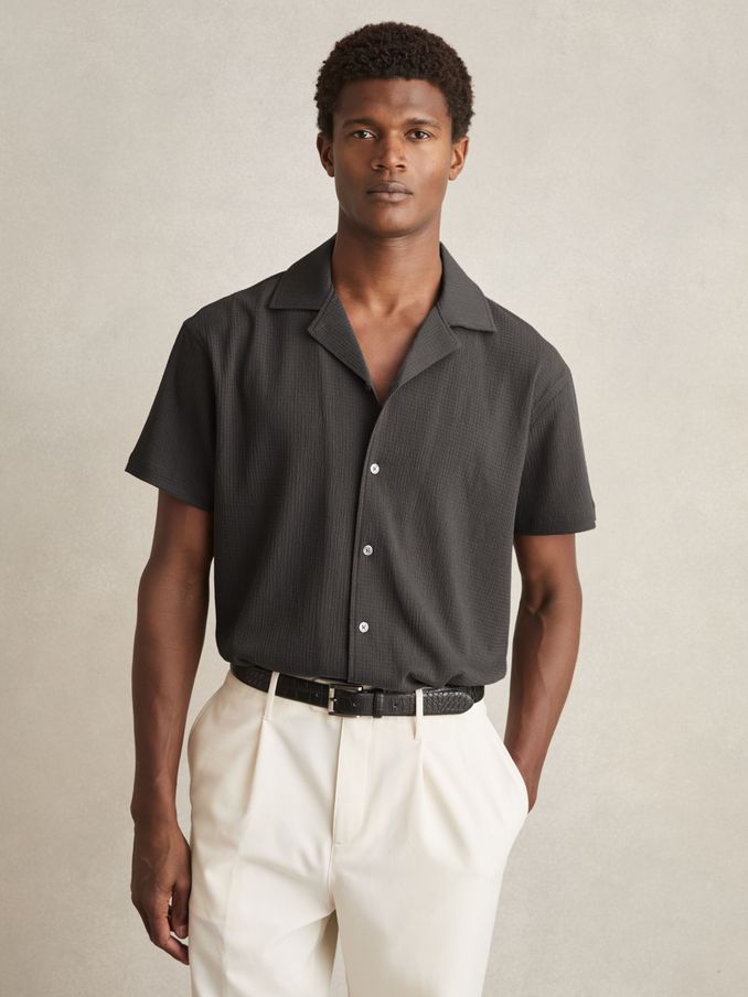 Textured Cuban Collar Shirt in Steel Grey (E28587) | $135