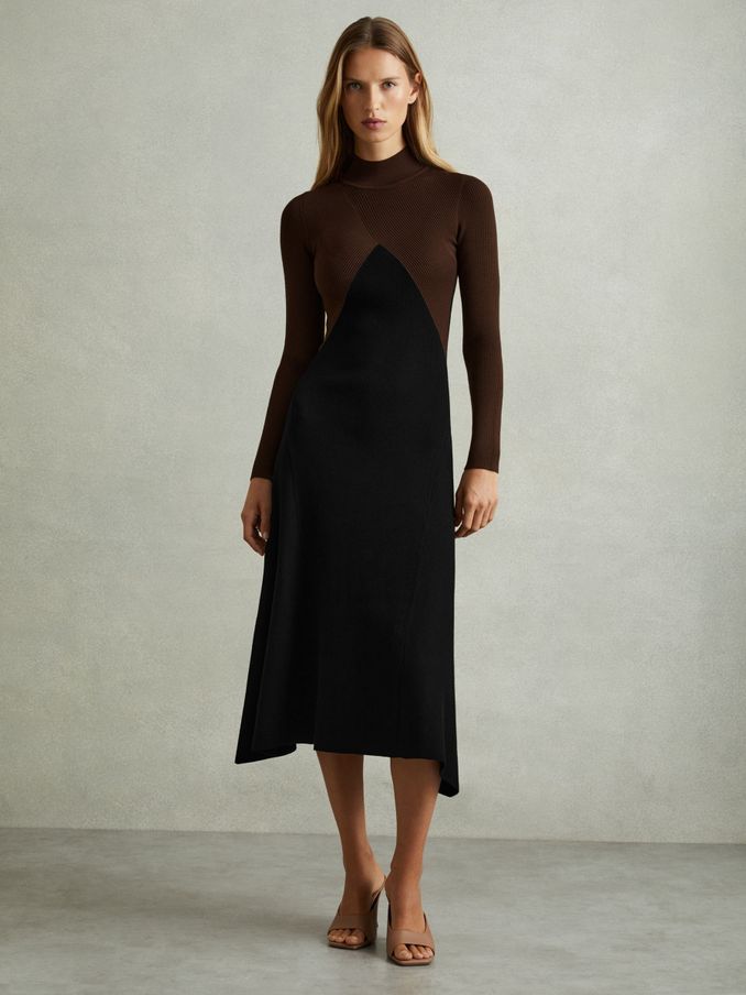 Colourblock Ribbed Midi Dress in Chocolate/Black (E28588) | US$95