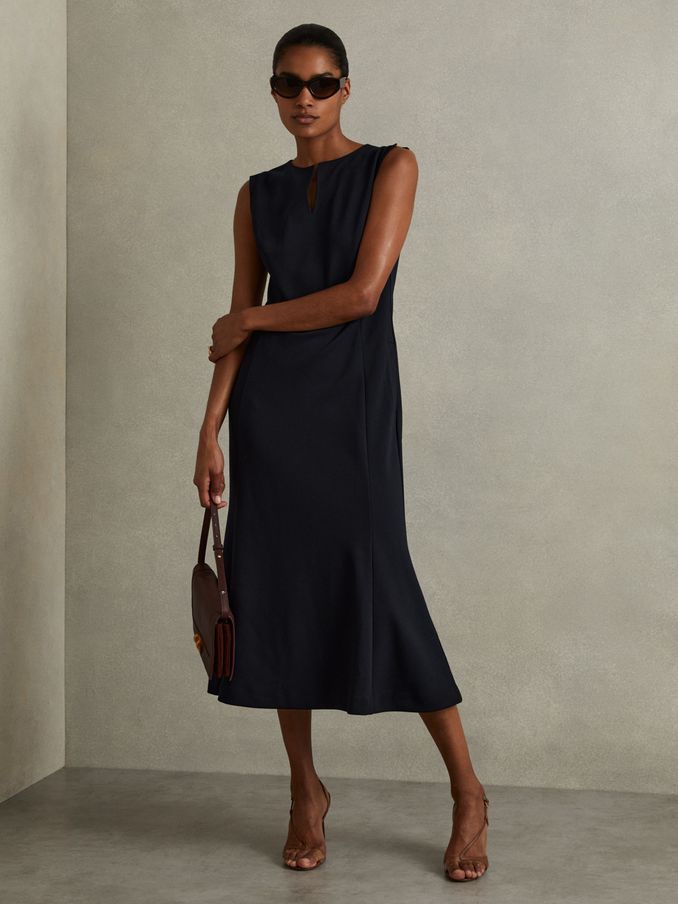 Cassie Navy Fit-and-Flare Split Sleeve Midi Dress (E28590) | US$58