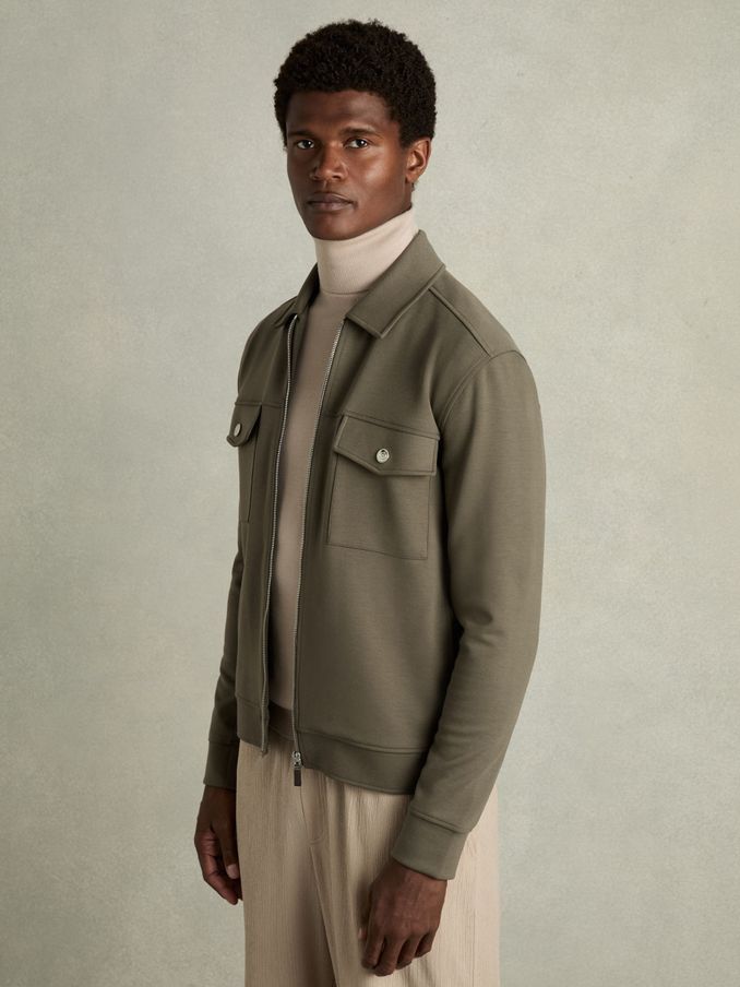 Interlock Jersey Zip-Through Overshirt in Sage Green (E28593) | CHF 69