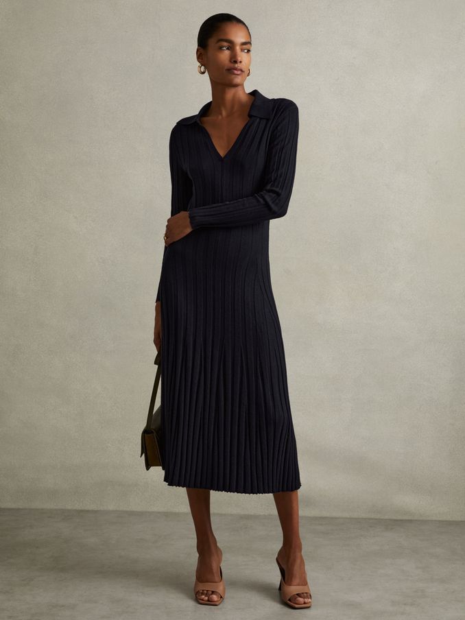 Petite Knitted Open-Collar Midi Dress in Navy (E28596) | US$98