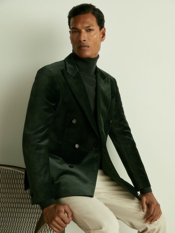 Velvet Double-Breasted Blazer in Forest Green (E28598) | €240