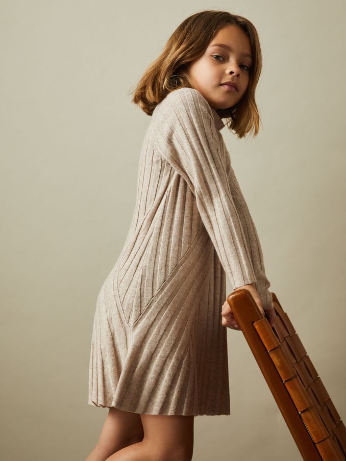 9-13 yrs Knitted Roll Neck Dress in Oatmeal (E29693) | €57