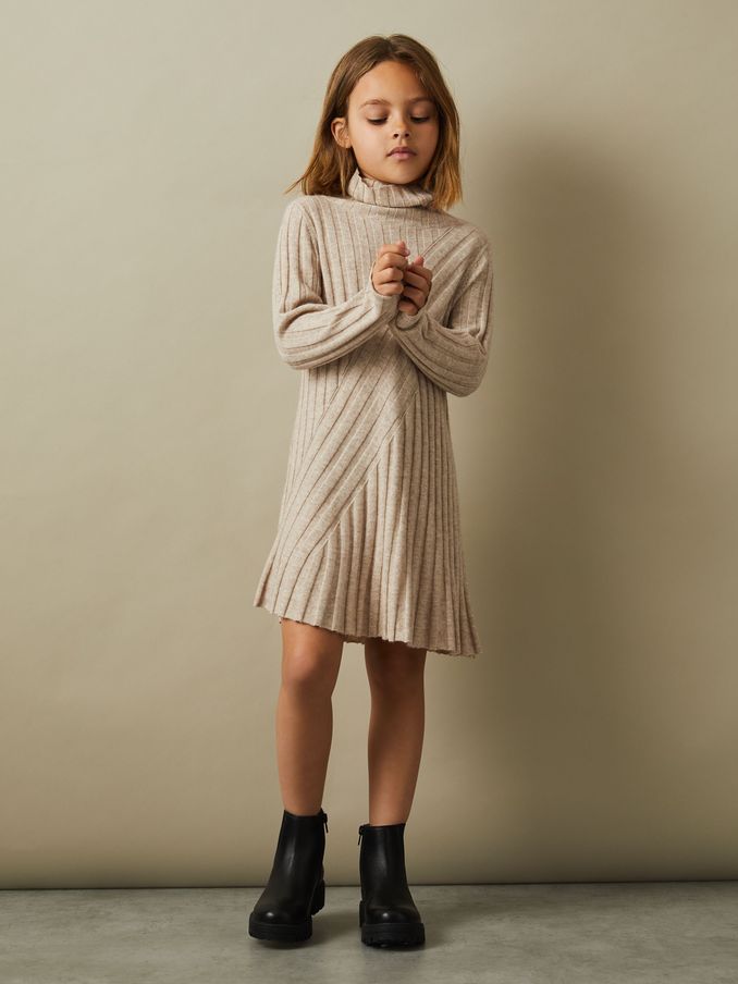 4-9 yrs Knitted Roll Neck Dress in Oatmeal (E29705) | $79