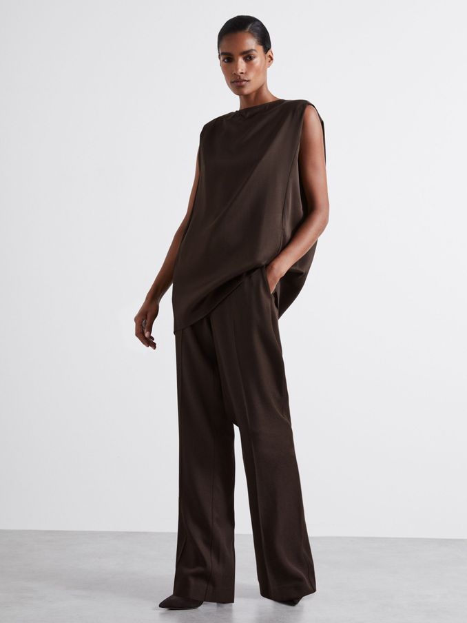 Atelier Satin Tunic Top with Wool in Chocolate (E29866) | €114