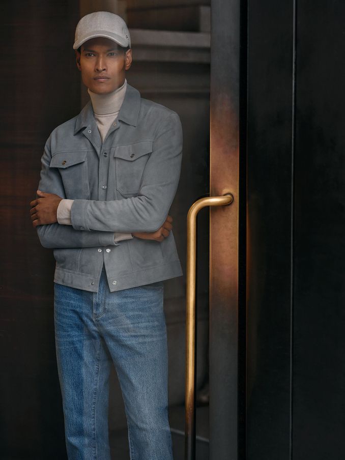 Suede Trucker Jacket in Sky Blue (E30144) | US$355
