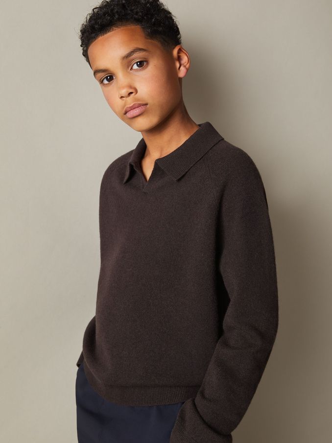 Senior Wool-Cashmere Open Collar Polo Shirt in Chocolate Brown (E30145) | US$33