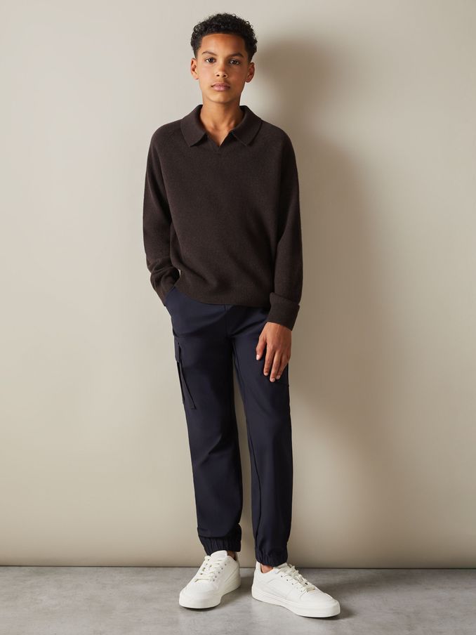 Junior Wool-Cashmere Open Collar Polo Shirt in Chocolate Brown (E30154) | US$31
