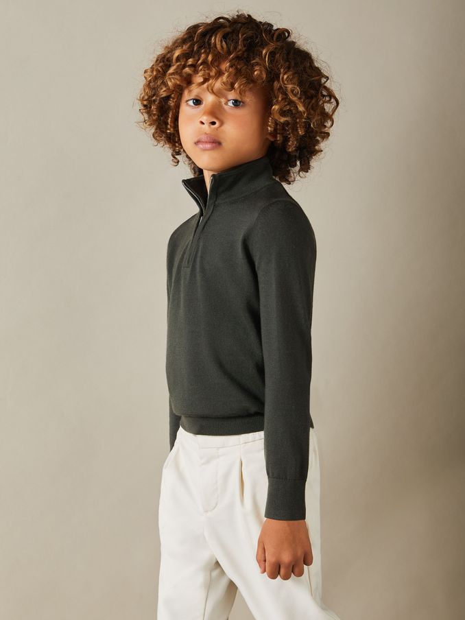 9-13 yrs Merino Wool Half-Zip Funnel Neck Jumper in Dark Military Green (E30156) | €22