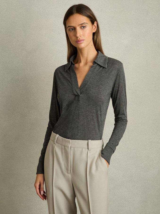 Lyocell-Wool Open-Collar Top in Charcoal (E30157) | CHF 38