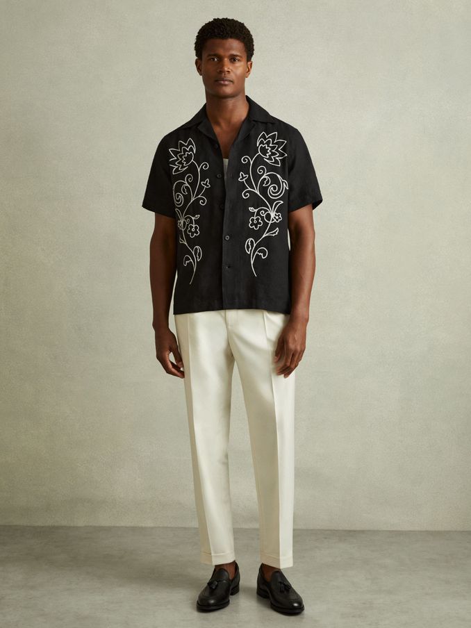 Linen Embroidered Cuban Collar Shirt in Black/White (E30849) | US$62