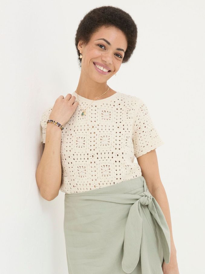 Natural Patchwork Crochet Knit T-Shirt (E31935) | $54