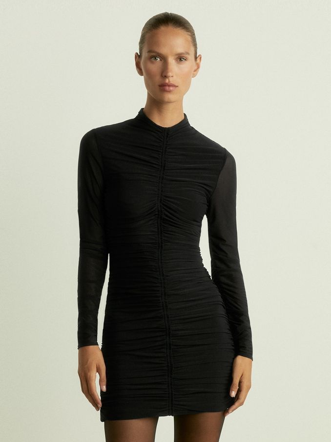 Ruched-Jersey Mini Dress in Black (E32218) | US$71