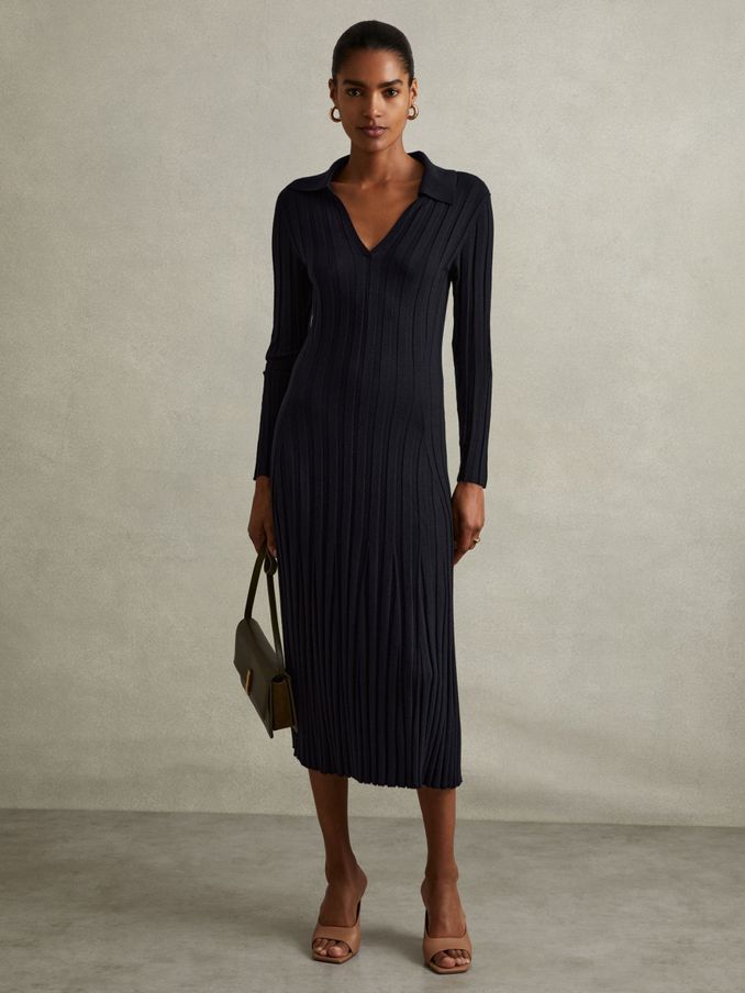 Knitted Open-Collar Midi Dress in Navy (E33459) | US$129