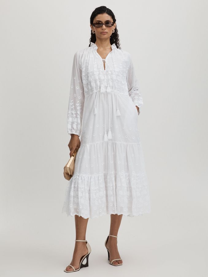 Astrid White Mille 100% Cotton Tassel Midi Dress (E35484) | €180