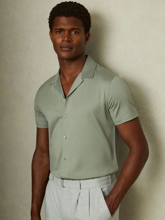 Mercerised Jersey Cuban Collar Shirt in Mint Green (E35490) | US$77
