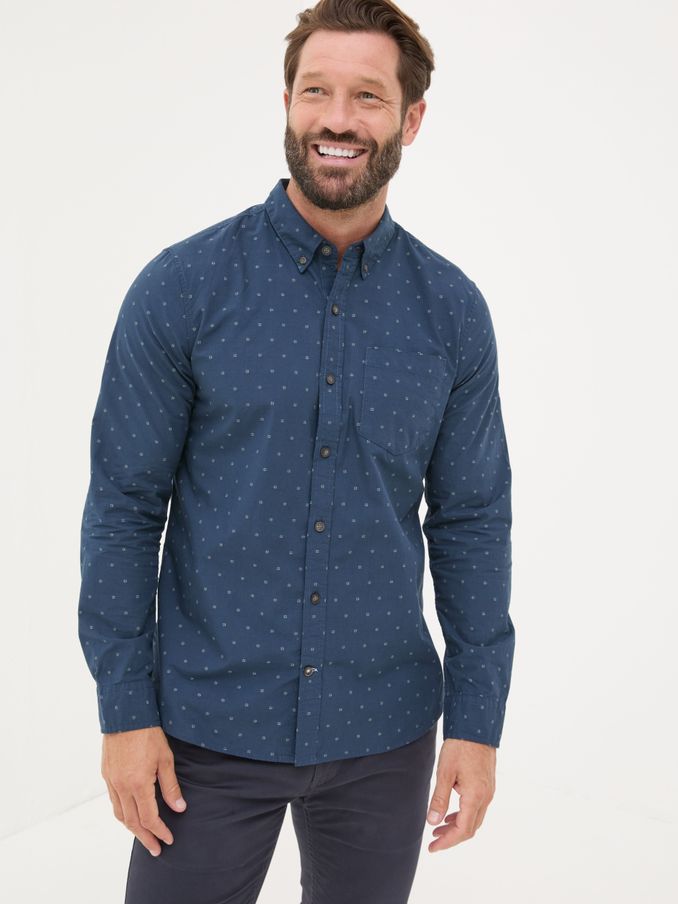 Navy Long Sleeve Dobby 100% Cotton Shirt (E35761) | €39