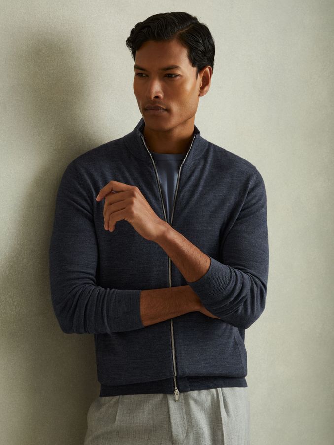 Merino Wool Zip-Through Funnel-Neck Cardigan in Dark Airforce Blue Melange (E37985) | $138