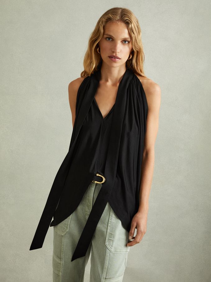 Draped Tie Neck Top in Black (E38846) | AED162
