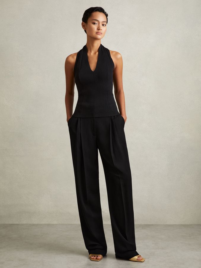 Double Pleat Wide Leg Tux Trousers in Black (E38848) | US$84
