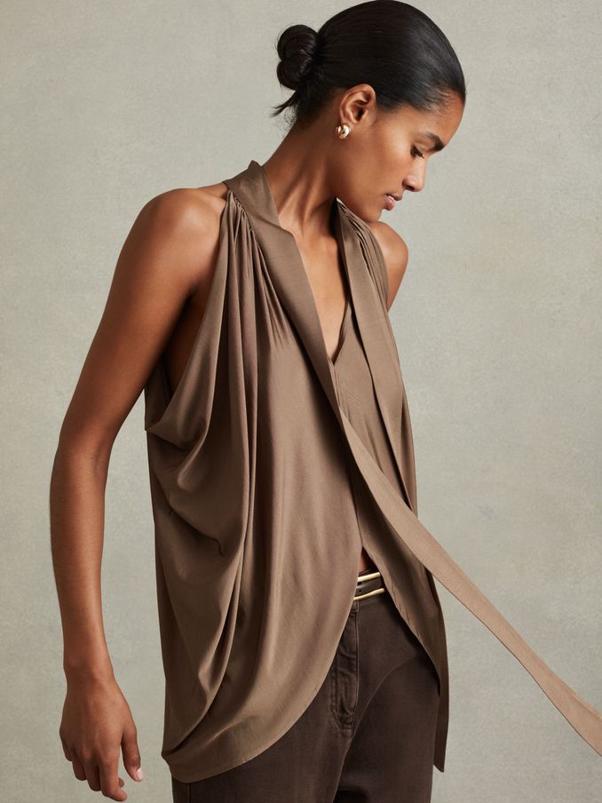 Draped Tie Neck Top in Dark Mink (E38851) | €54