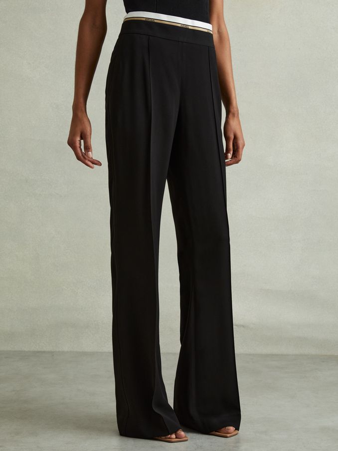 Petite Waistband Detail Wide Leg Trousers in Black (E38855) | US$113