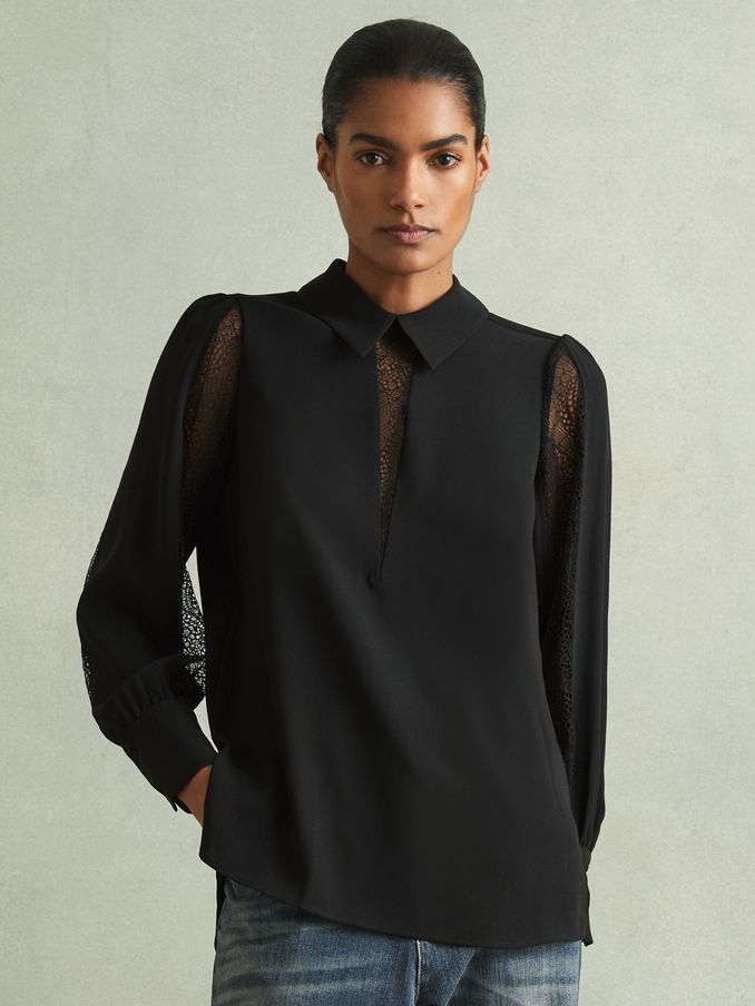 Lace Insert Blouse in Black (E38867) | US$105