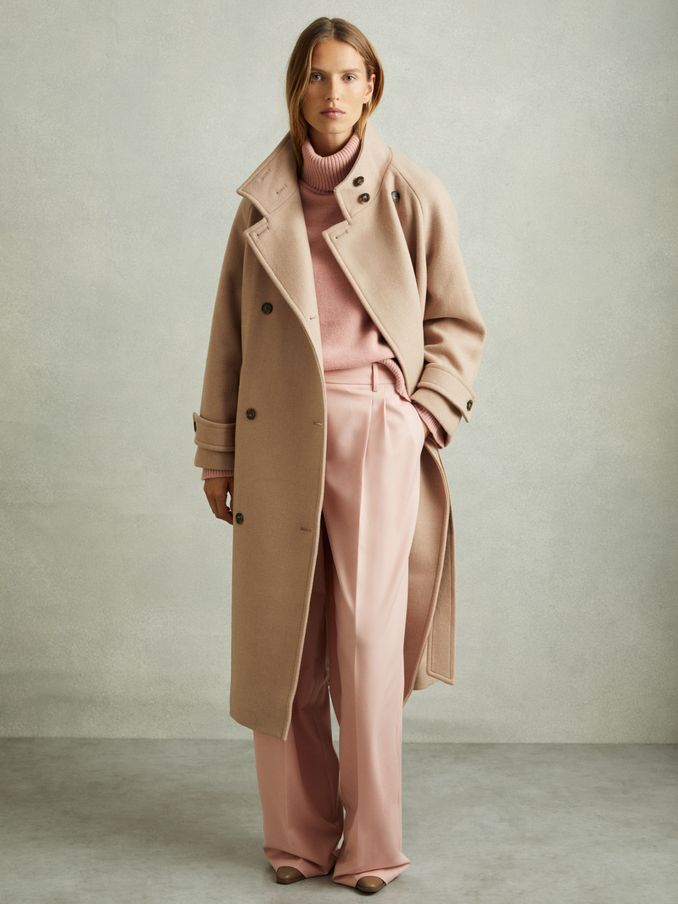 Wool Blend Double Breasted Funnel Neck Coat in Neutral (E42831) | 1,010 SAR