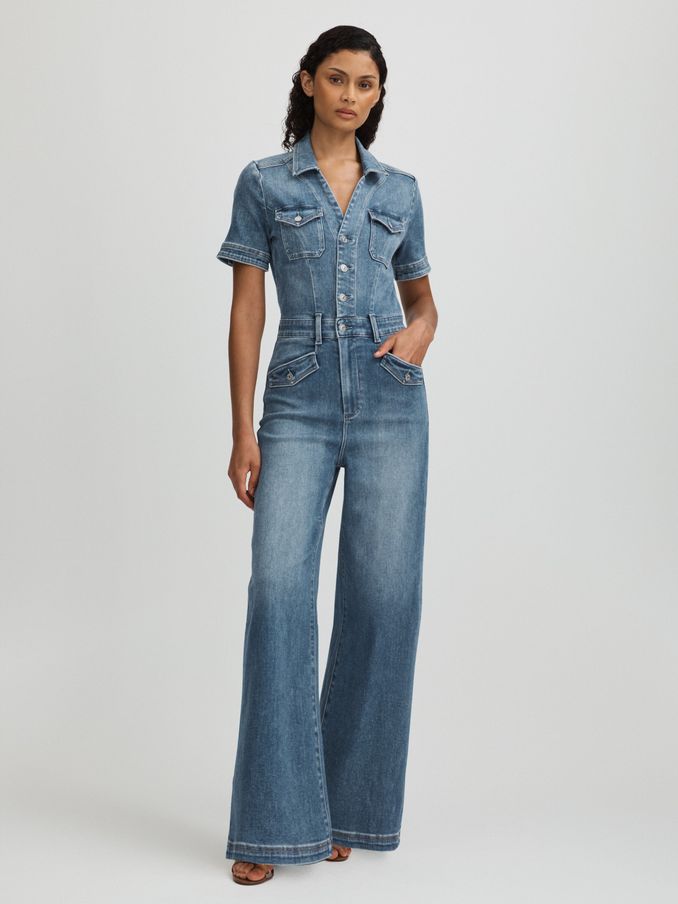 Harper Ankle Mid Blue Paige Mid Blue Wide Leg Denim Jumpsuit (E42839) | €260