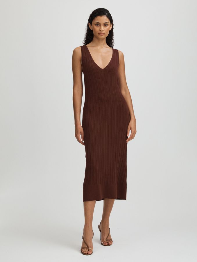 Sapphia Brown Paige Ribbed Bodycon Midi Brown Dress (E42840) | US$250