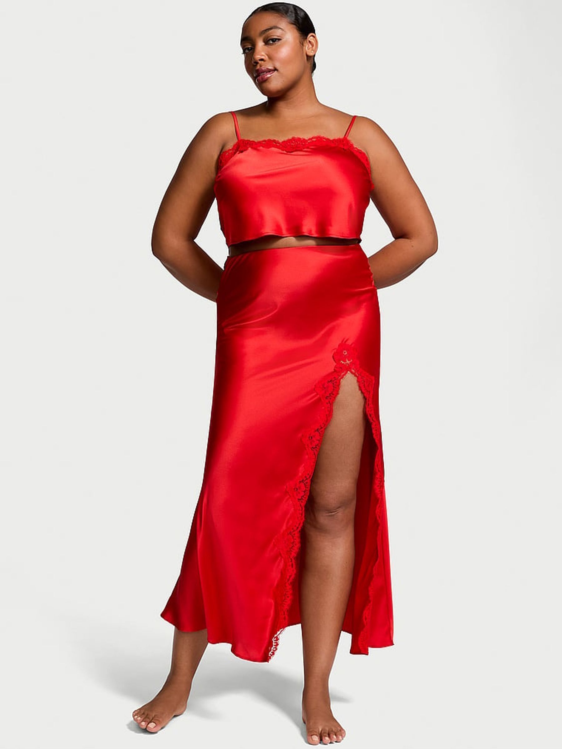 Vermillion Red Satin Lace-Trim Cropped Top & Slip Skirt Set (E43458) | €98