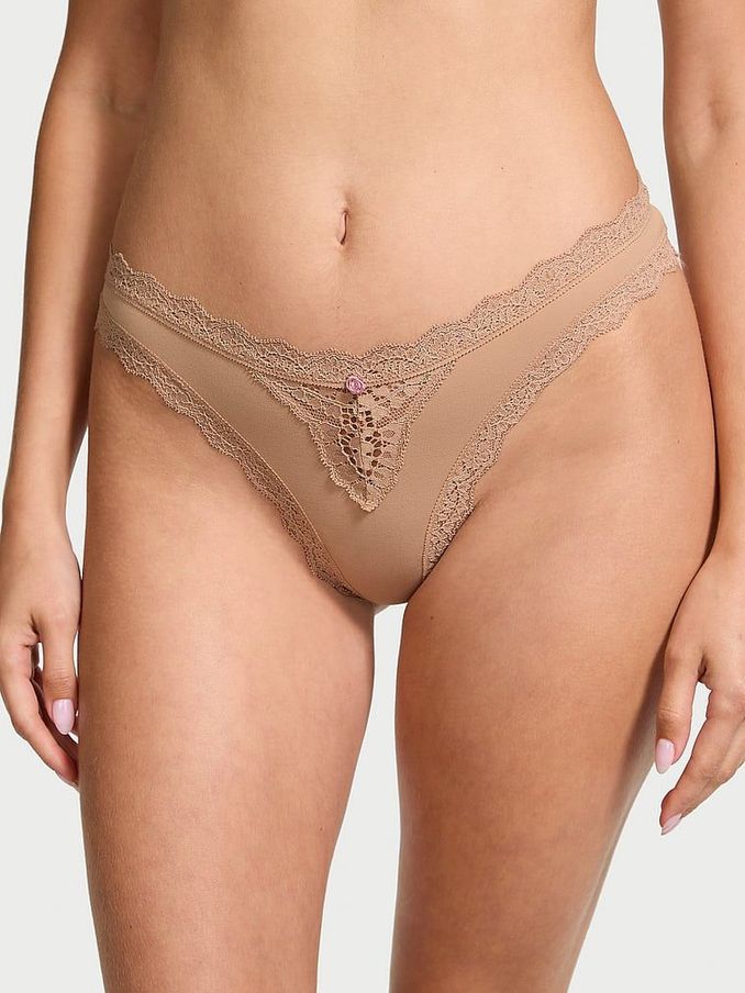 Praline Nude Lace Trim Thong Knickers (E43463) | €15.50