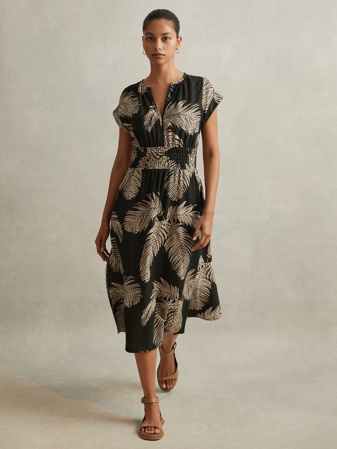 Tropical Print Elasticated Waist Midi Dress in Khaki (E44186) | US$166
