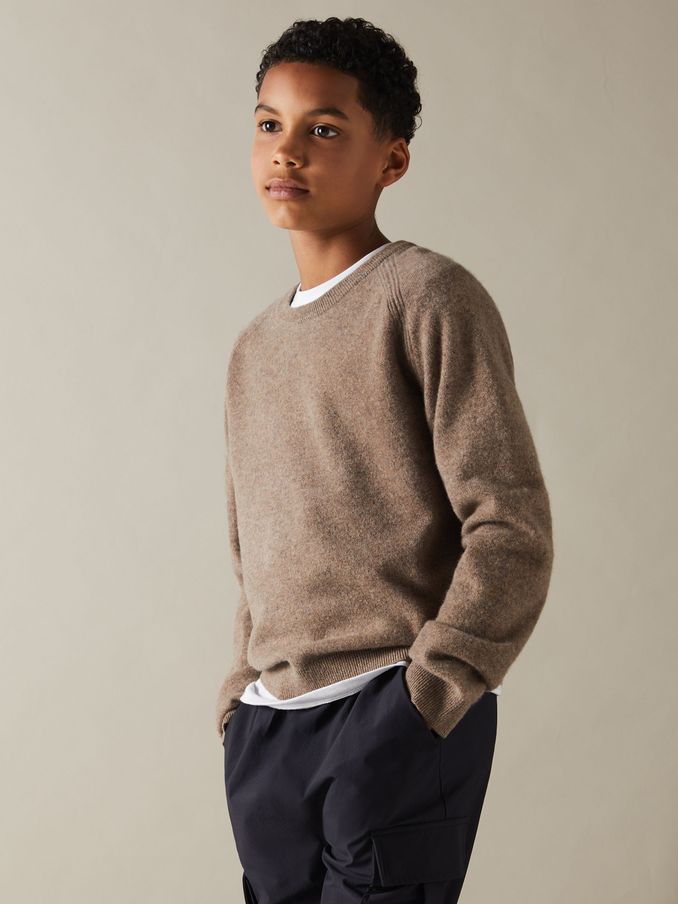 9-13 yrs Wool Blend Crew Neck Jumper in Brown Melange (E45166) | US$33