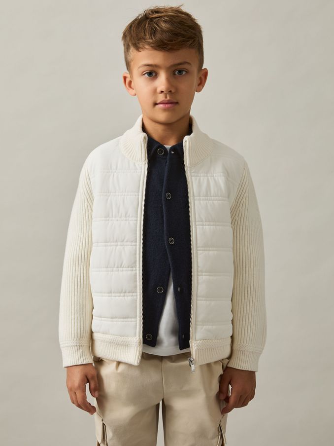 3-9 yrs Hybrid Quilt and Knit Zip-Through Jacket in Off White (E45169) | $45