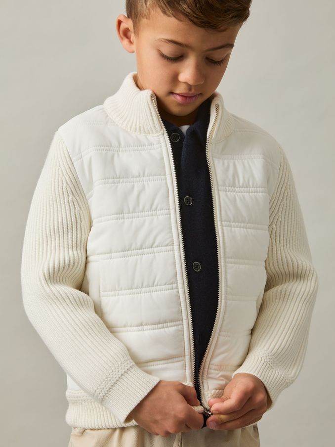 Hybrid Quilt and Knit Zip-Through Jacket in Off White (E45194) | US$40