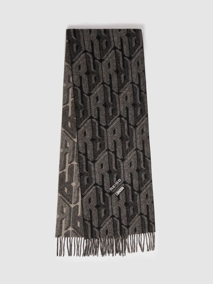 Wool and Cashmere Jacquard Scarf in Black/Grey (E45196) | US$63