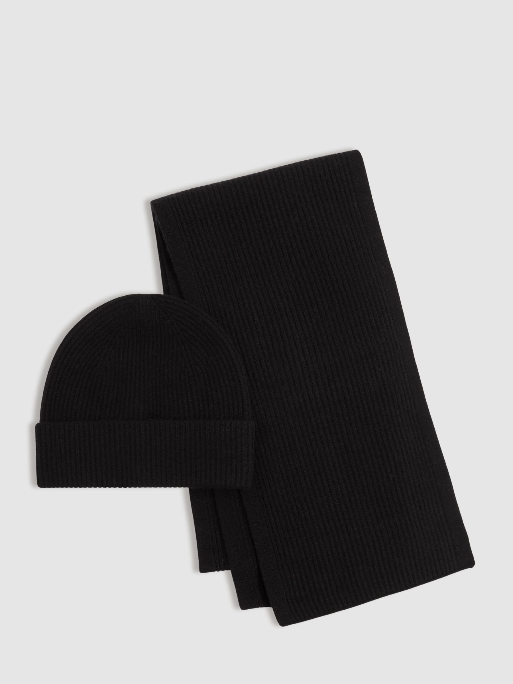Merino Wool Ribbed Scarf And Beanie Set in Black (E45200) | CHF 64