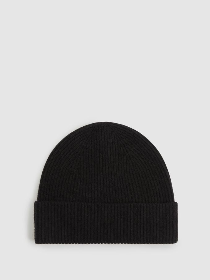 Merino Wool Ribbed Beanie Hat in Black (E45202) | €55