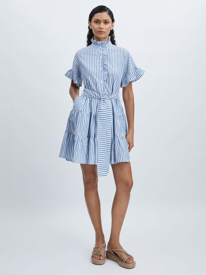 Mille 100% Cotton Striped Tiered Mini Dress in Blue Stripe (E45209) | US$198