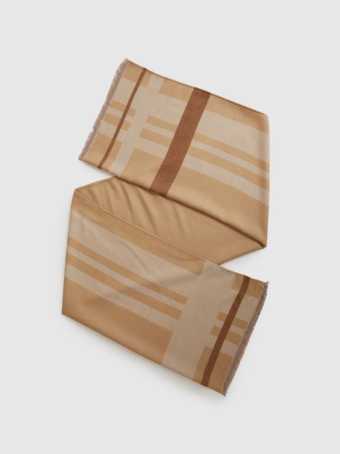 Logo Embroidered Checked Scarf in Camel (E45212) | US$110