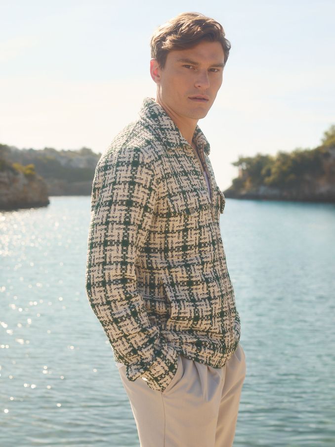 Bergoma Ivory/Dark Green Ché Textured Check Zip-Through Jacket (E45224) | $226