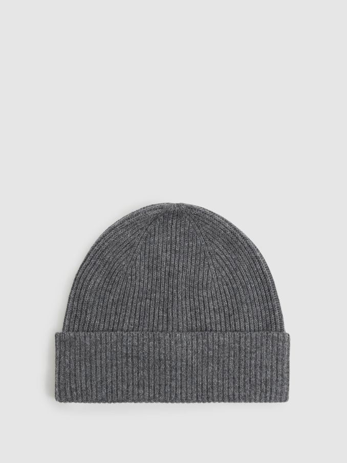 Merino Wool Ribbed Beanie Hat in Mid Grey Melange (E45225) | €55