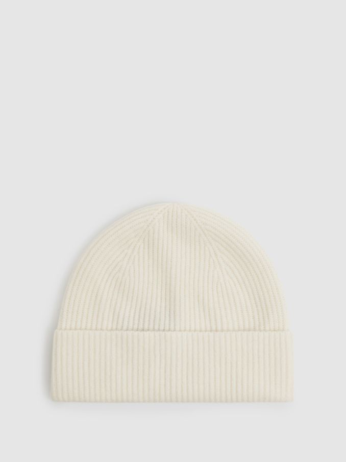 Merino Wool Ribbed Beanie Hat in Off White (E45230) | €55