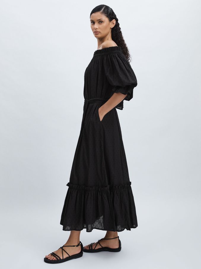 Mille 100% Cotton Off-Shoulder Belted Midi Dress in Black (E45235) | AED902