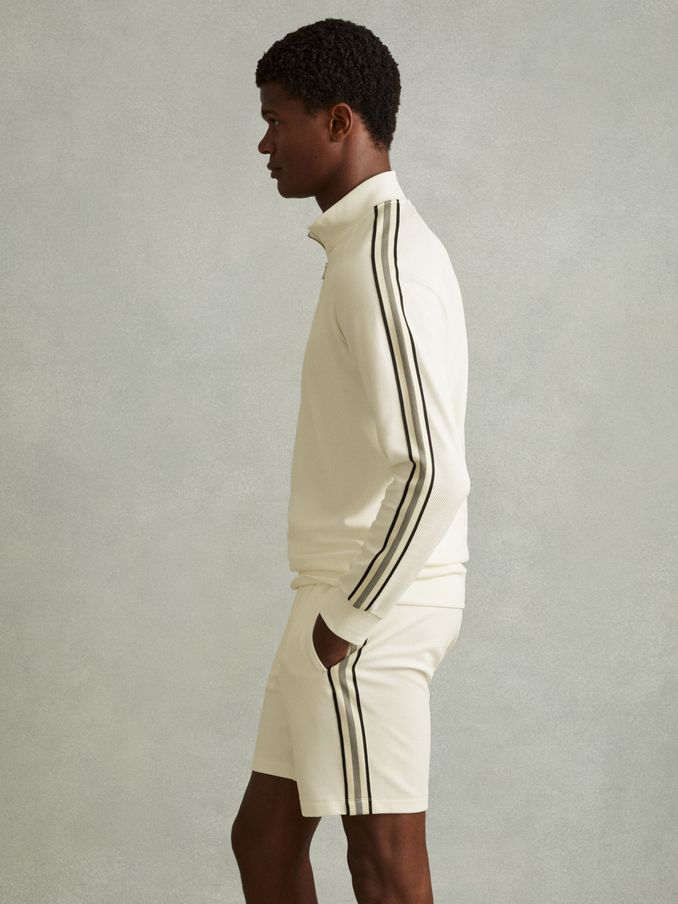 Textured Stripe Half-Zip Funnel Neck Sweatshirt in Off White (E45561) | US$95