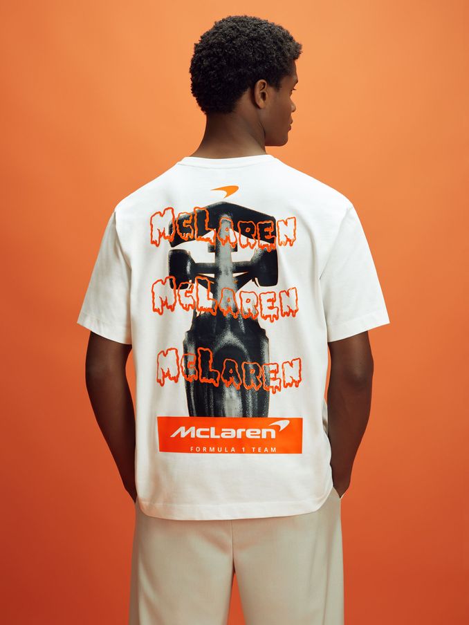 McLaren F1 Cotton Printed Crew Neck T-Shirt in White (E45563) | $84